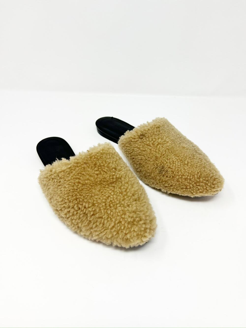 Jenni Kayne Shearling Flat Pointy Toe Mule Slip On Shoe Natural Brown EU 37